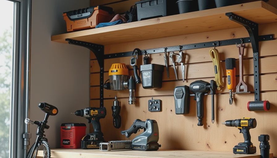 Hybrid garage wall storage setup combining French cleats, slatwall, and pegboard