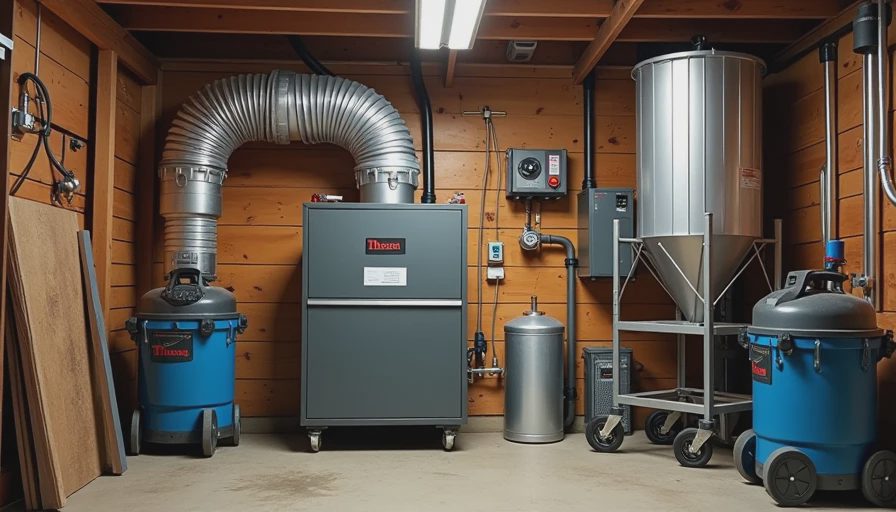 Dust collection equipment including collector, cyclone separator, and hoses for small garage