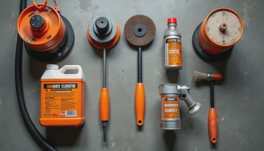 Garage floor preparation tools and materials for proper concrete etching and cleaning