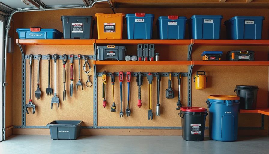 Zoned garage wall storage system showing different levels for tools and seasonal items