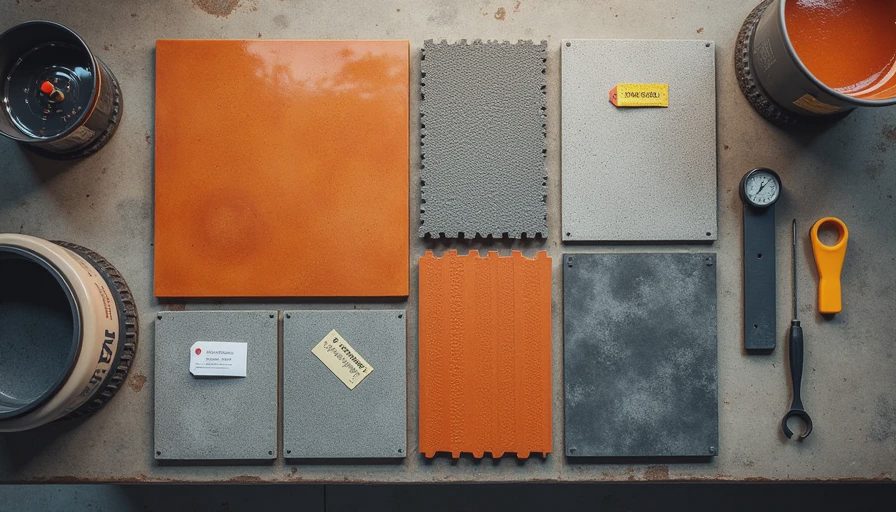 Garage flooring material samples and cost comparison tools laid out on workbench