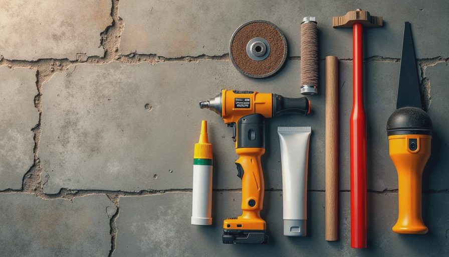 Tools and materials for repairing garage floor cracks, stains, and spalling