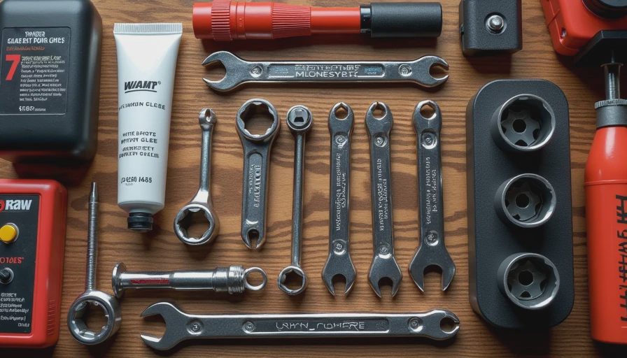 Garage door maintenance tools including wrenches and lubricant for bolt tightening